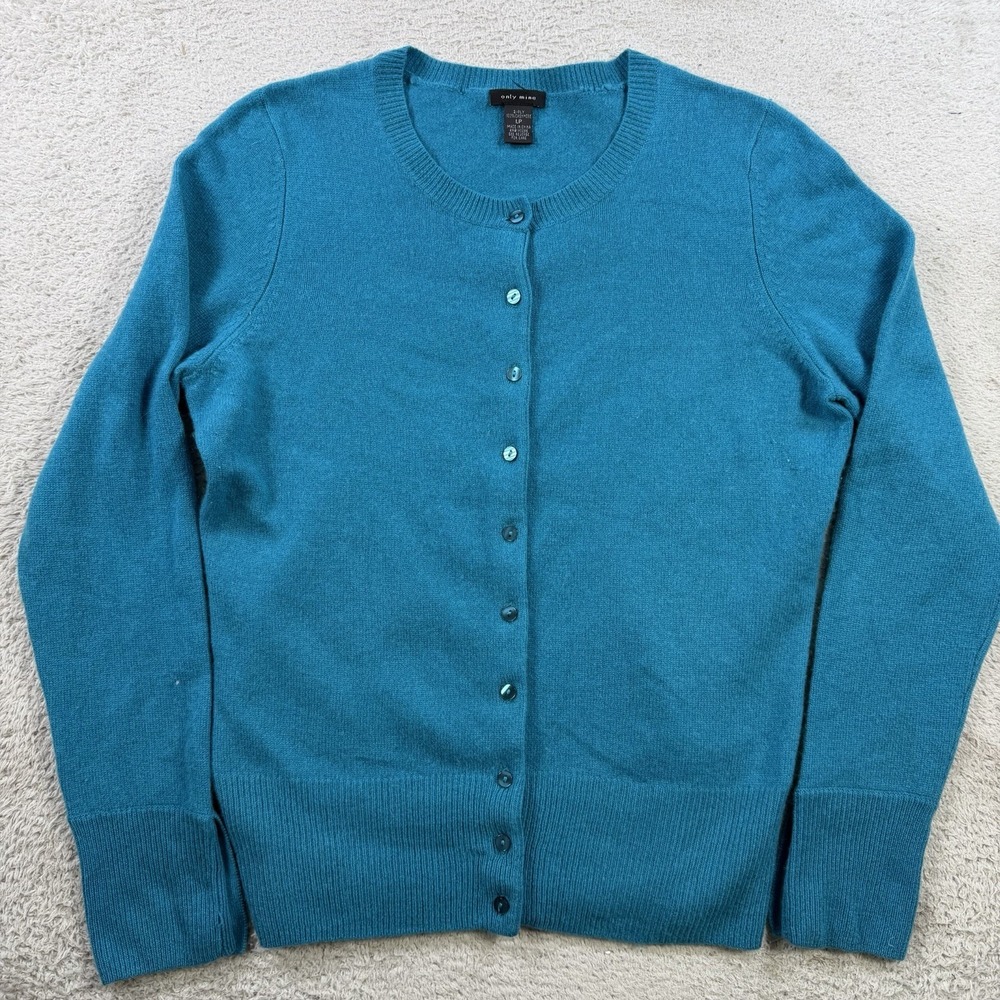 Only Mine Cardigan Sweater Womens Large Petite Blue 100% Cashmere Button 2 Ply
